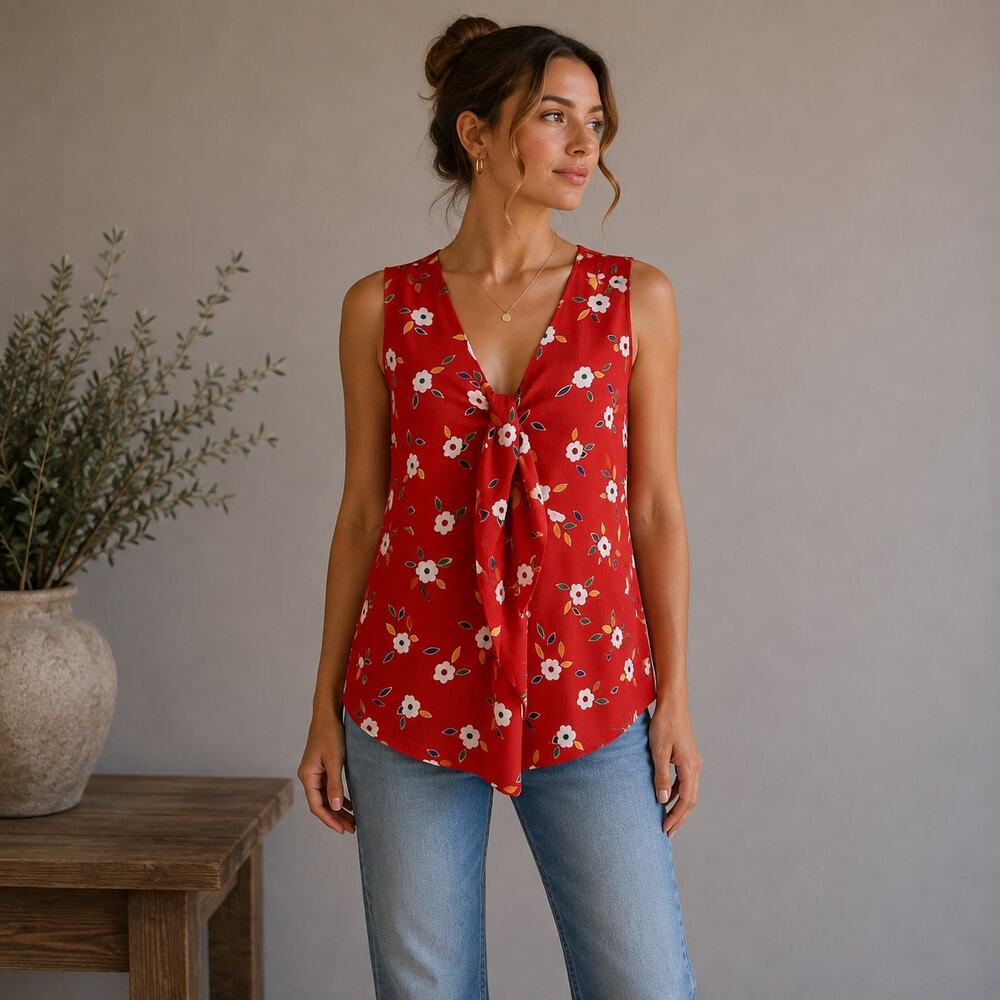 Cabi Red Floral Tied Up Pop Over Top NWOt Large